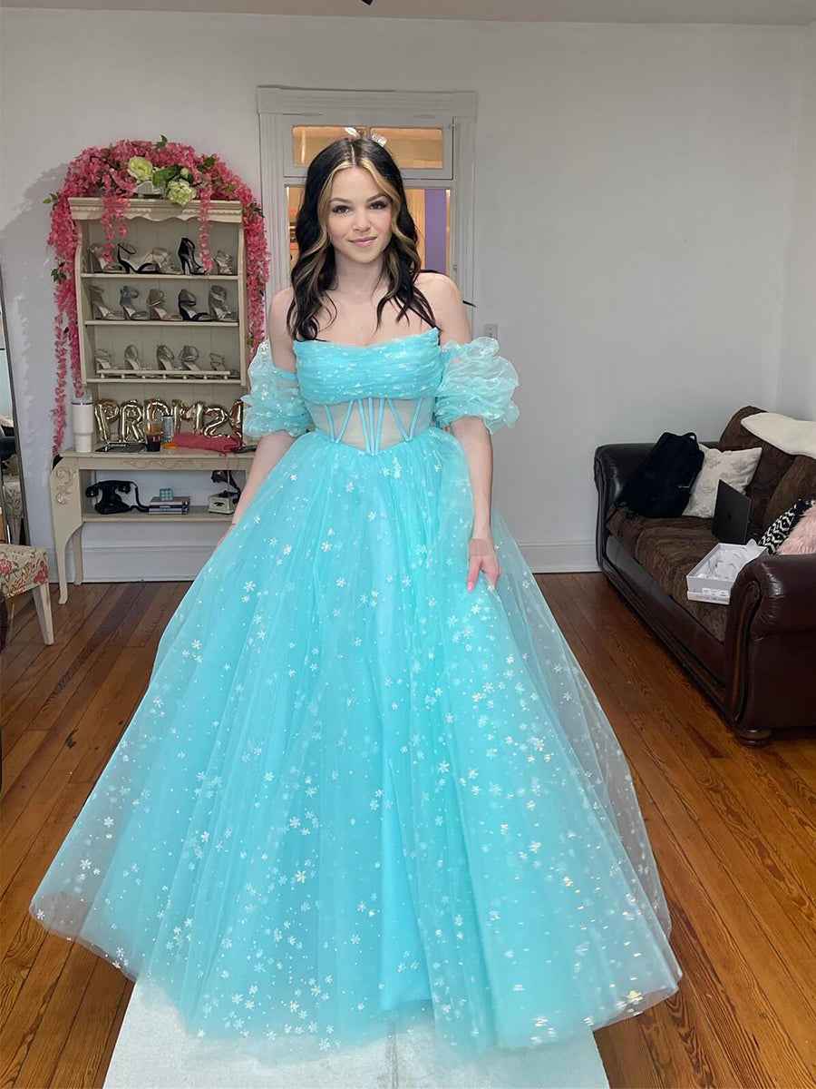 Pink Star Tulle Strapless Puff Sleeves Corset Prom Dress