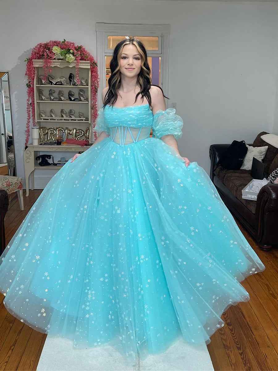 Pink Star Tulle Strapless Puff Sleeves Corset Prom Dress