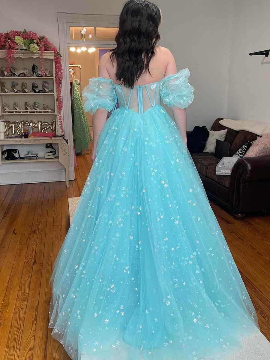 Pink Star Tulle Strapless Puff Sleeves Corset Prom Dress