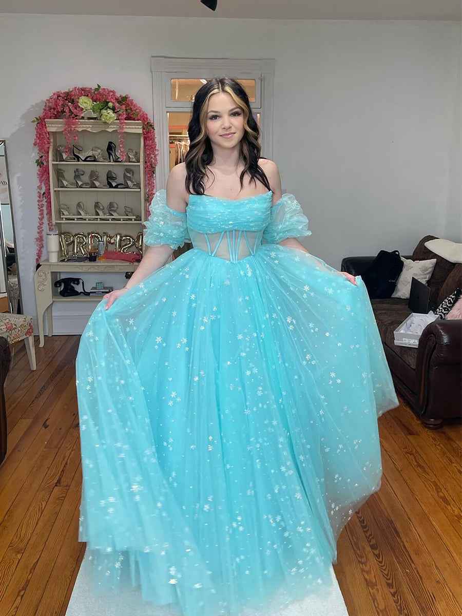 Pink Star Tulle Strapless Puff Sleeves Corset Prom Dress