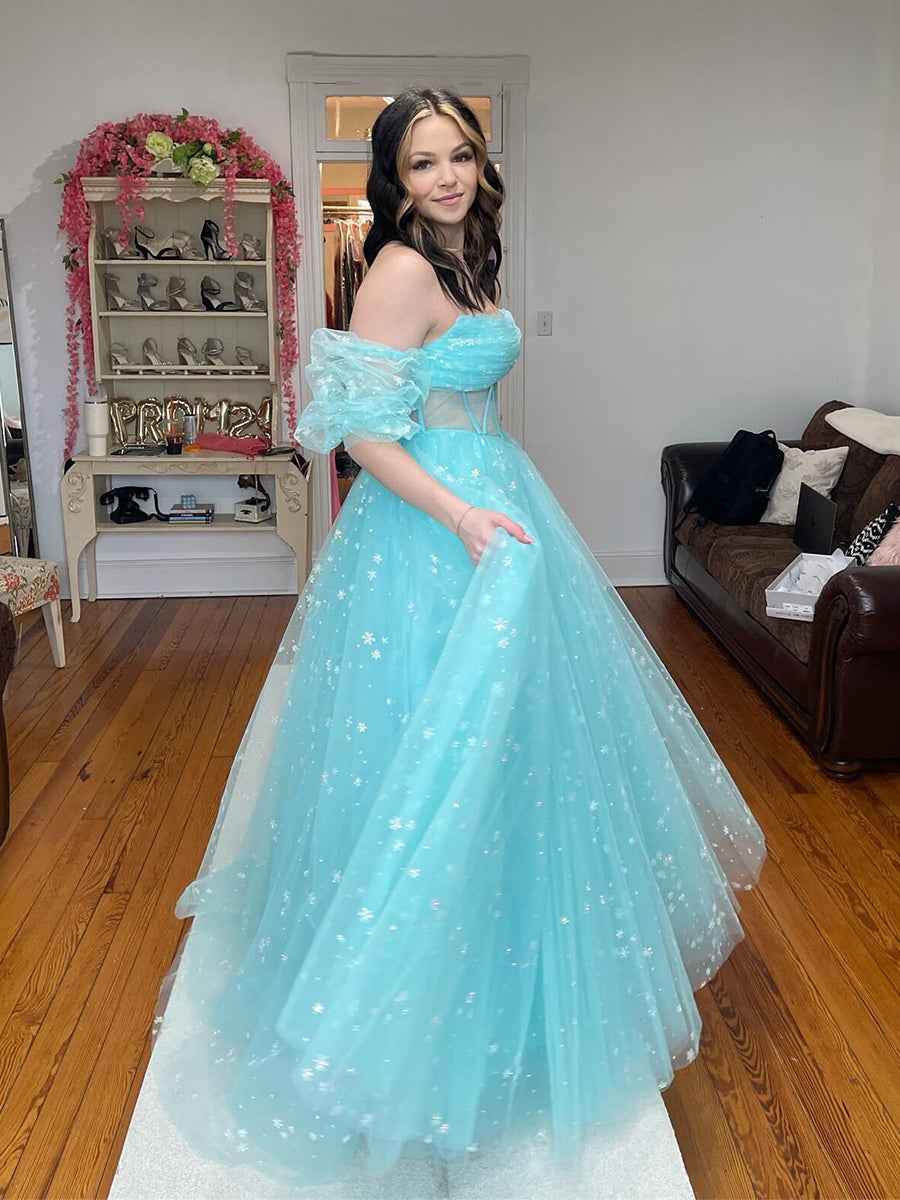 Pink Star Tulle Strapless Puff Sleeves Corset Prom Dress