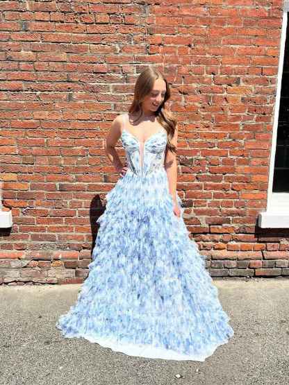 Whimsical Blue Floral Tiered Ruffled Corset Prom Dress