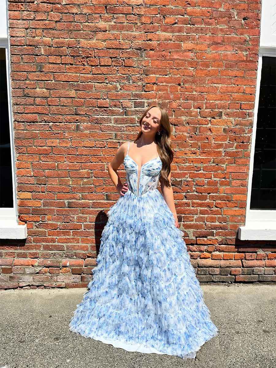 Whimsical Blue Floral Tiered Ruffled Corset Prom Dress
