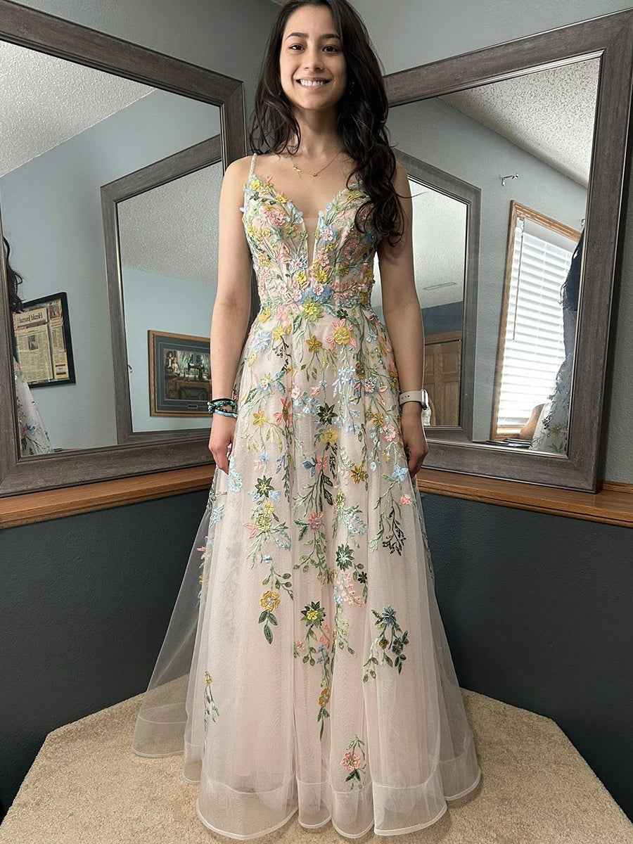 Whimsical Pastel Blush Floral Embroidered Tulle Long Prom Dress