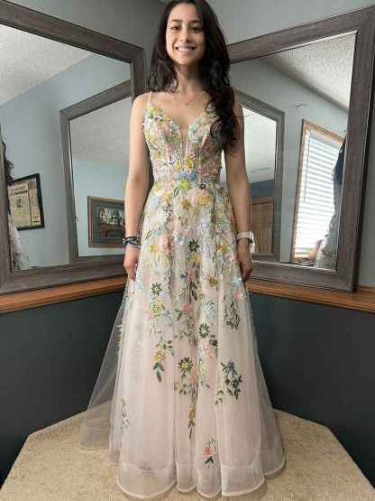 Whimsical Pastel Blush Floral Embroidered Tulle Long Prom Dress