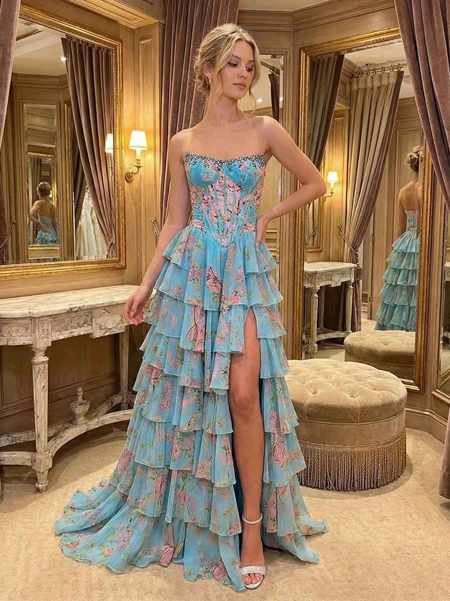 Whimsical Pink Floral Tiered Ruffles Corset Prom Dress with Slit