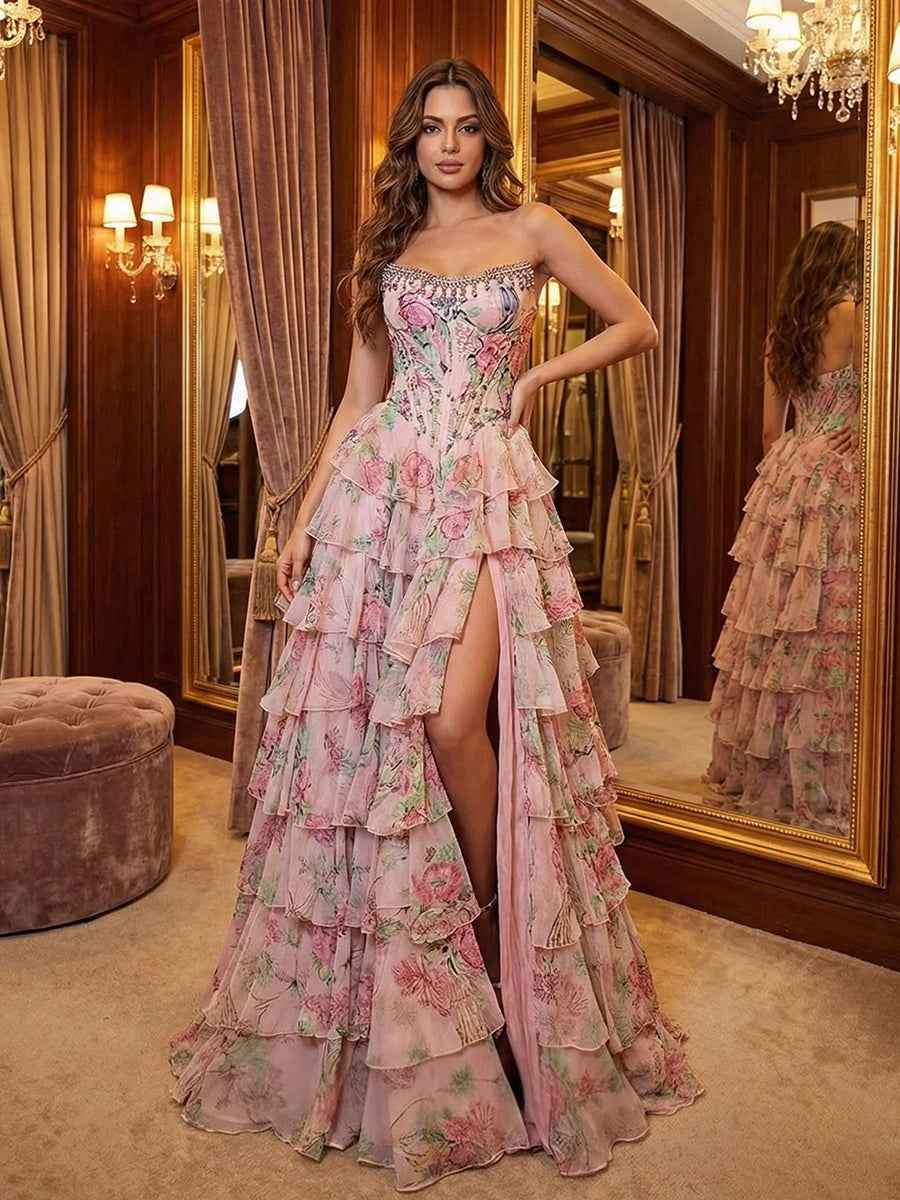 Whimsical Pink Floral Tiered Ruffles Corset Prom Dress with Slit