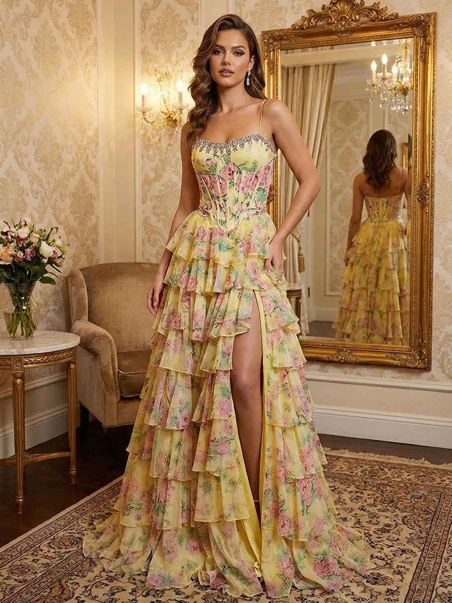 Whimsical Pink Floral Tiered Ruffles Corset Prom Dress with Slit