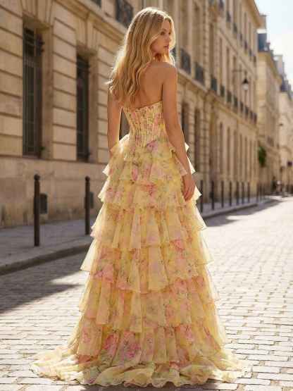 Whimsical Yellow Floral Tiered Ruffles Corset Prom Dress with Slit