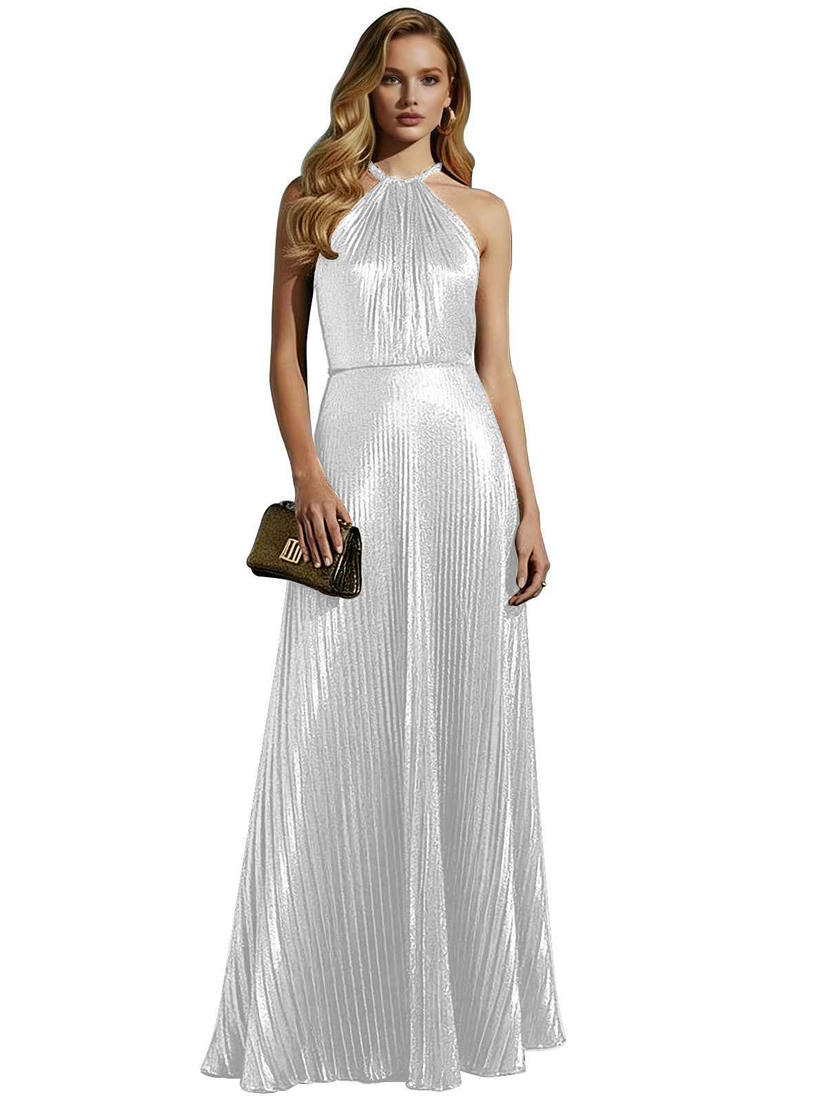 Luxurious Champagne-Gold Pleated Halter Long Prom Dress