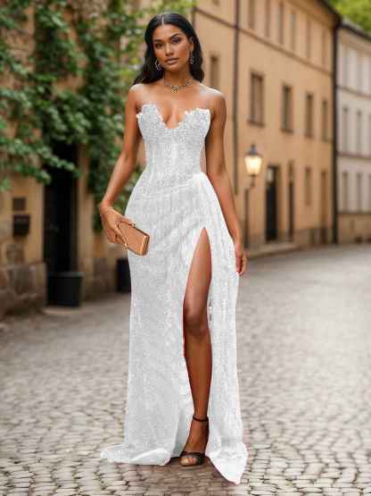 Red Strapless Beaded Fringe Waist Sequin Prom Dress with High Slit