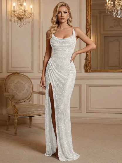 Silver Sequin Cowl Neck Ruched Long Prom Dress with High Slit