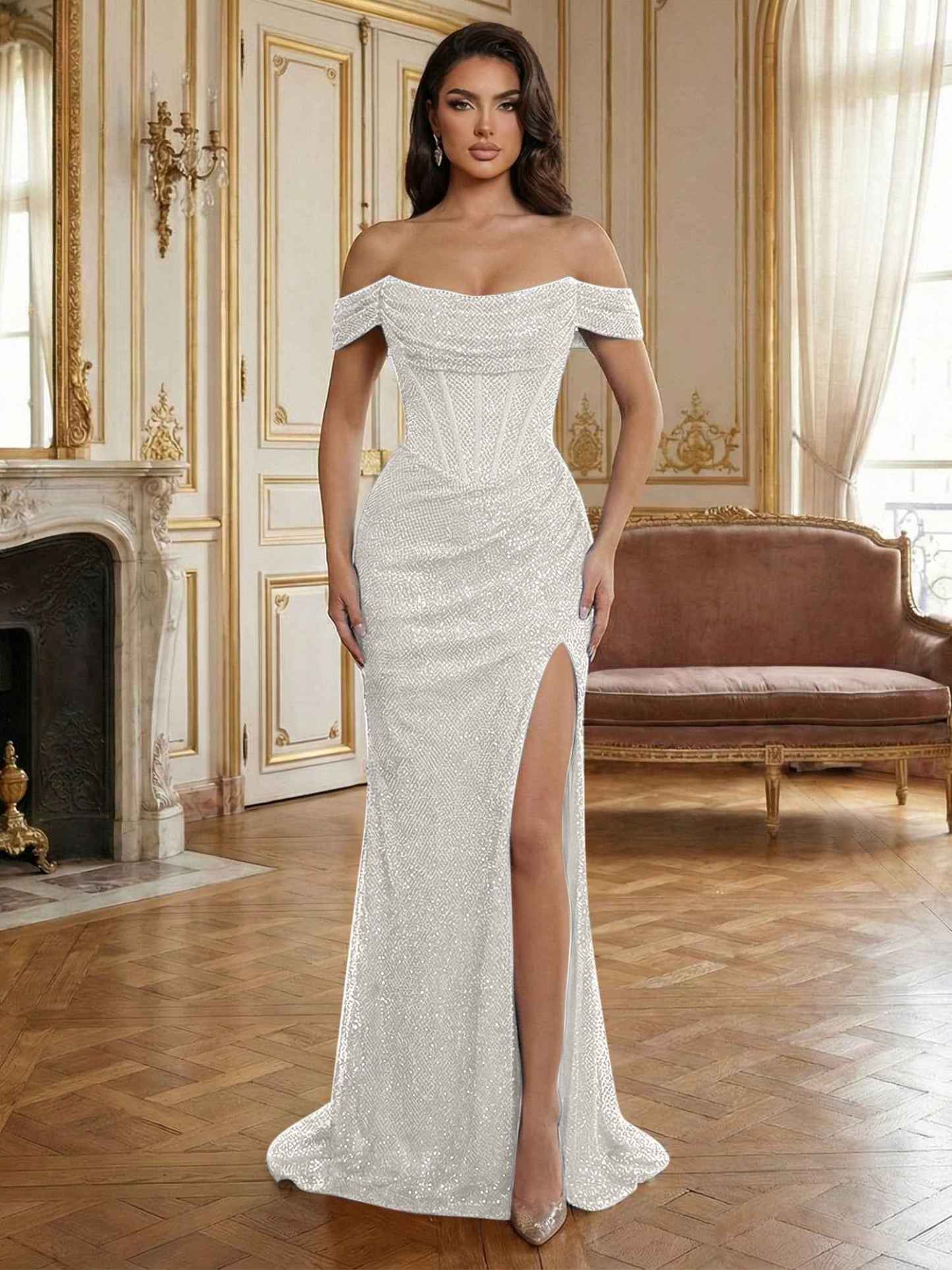 Sequin Off-the-Shoulder Corset Bodice Long Prom Dress with Slit