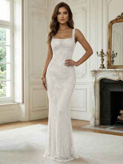 Crystal-Embellished Mermaid Long Prom Dress with Square Neckline