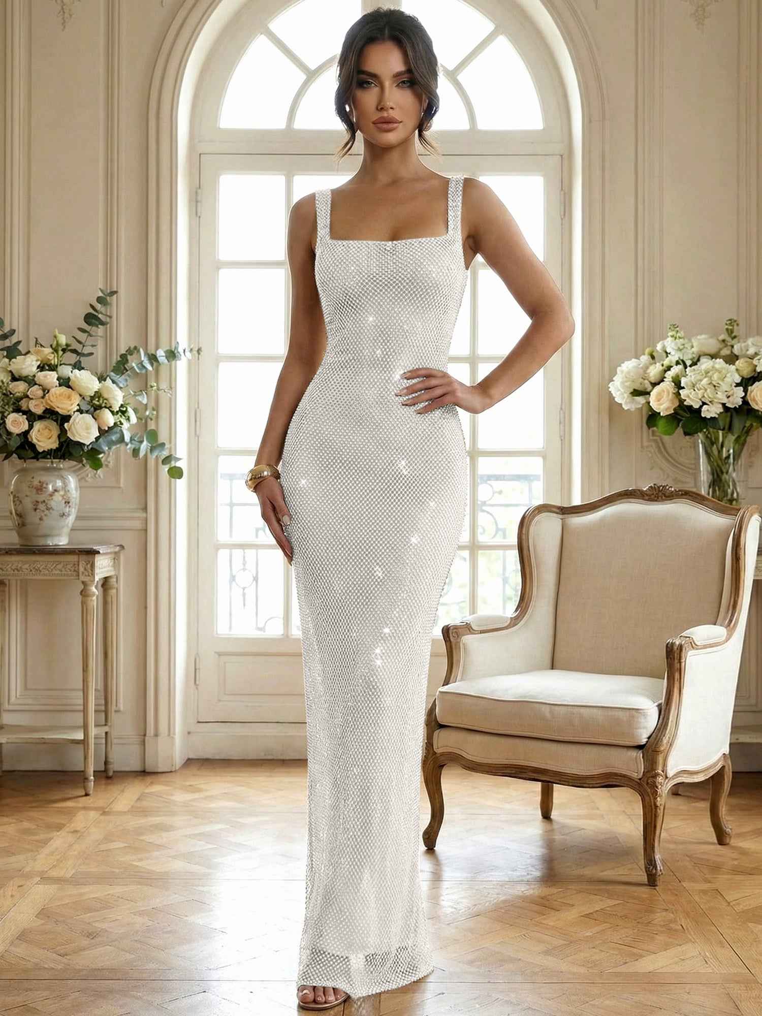 Sparkly Champagne Crystal Mesh Square Neck Long Prom Dress