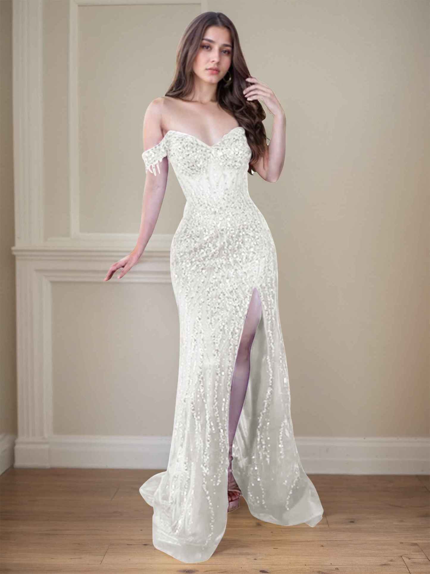 Red Off-the-Shoulder Beaded Tulle Long Prom Dress with Swirling Sequins