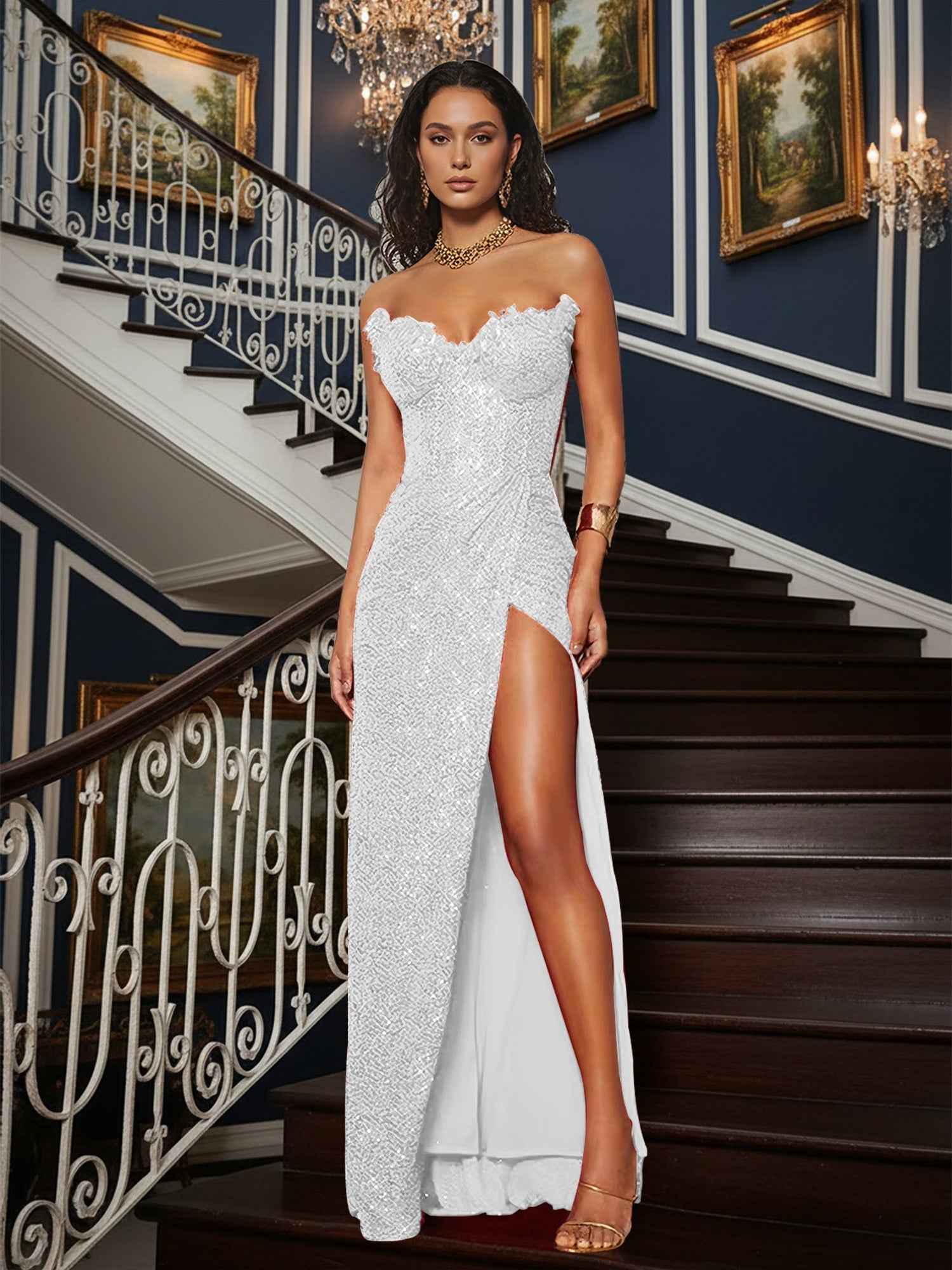 Sequin Strapless Sweetheart Long Prom Dress with High Slit