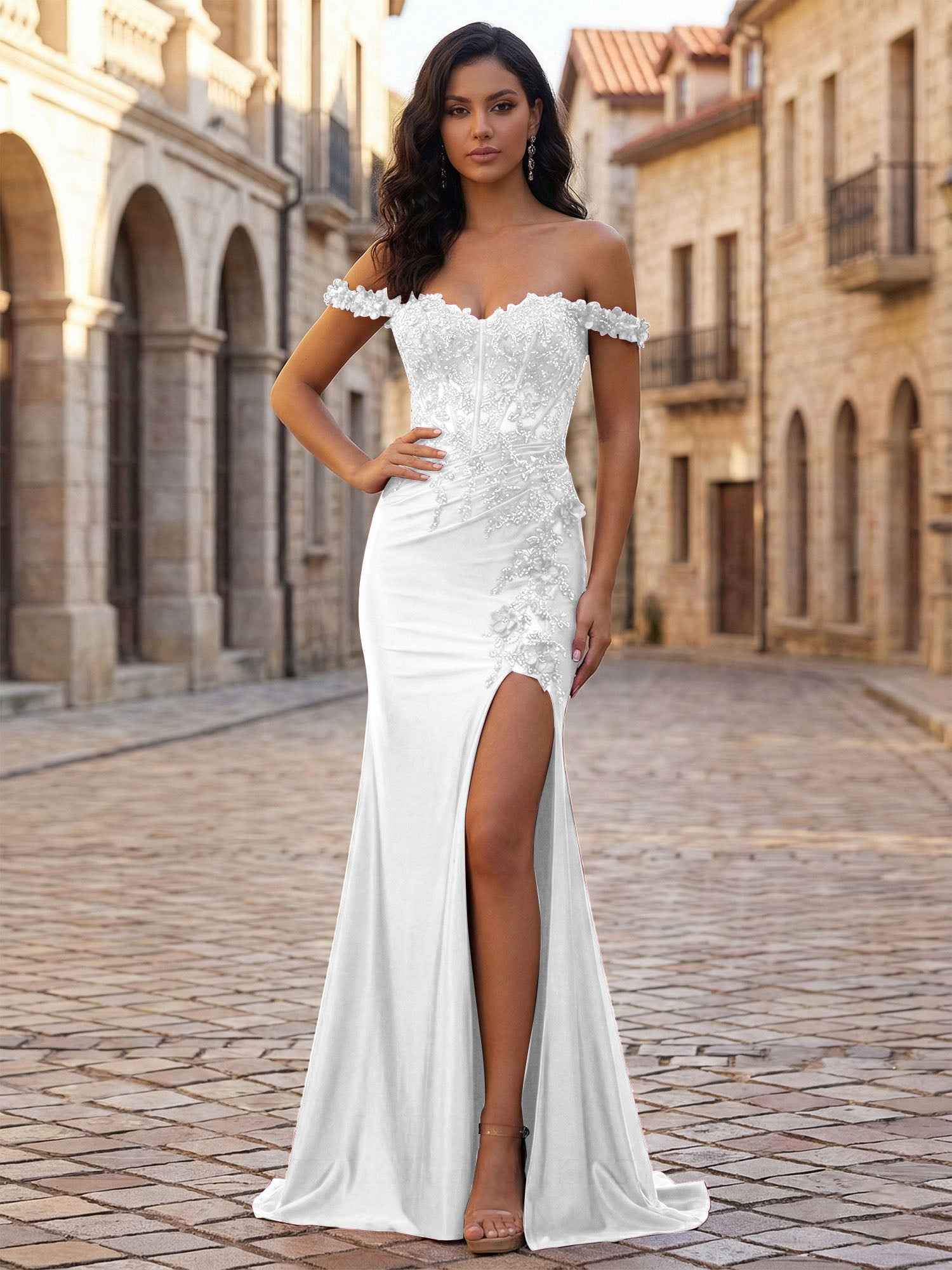 Mermaid Off-The-Shoulder Floral Corset Long Prom Dress with Slit