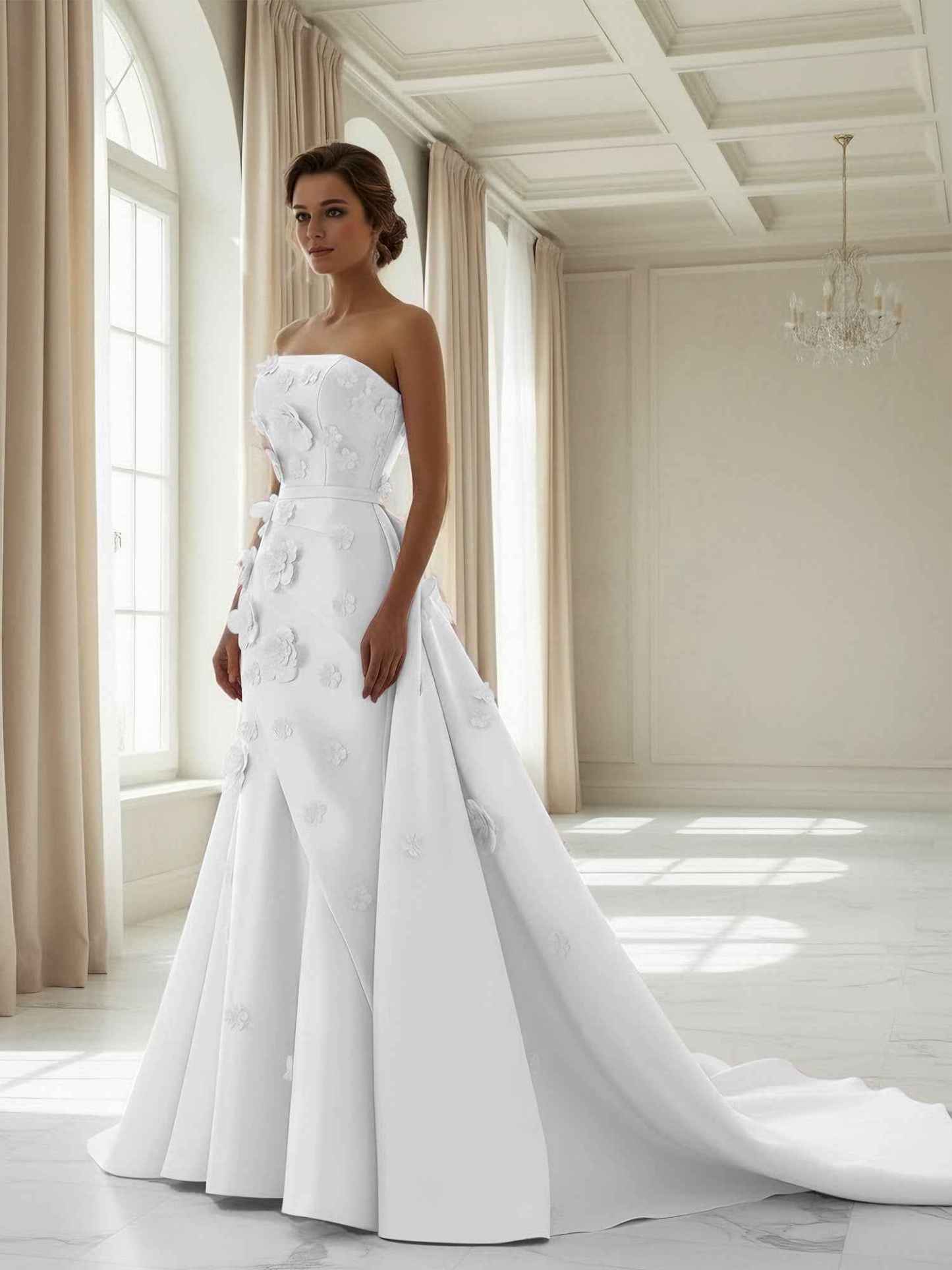 Pink A Line Satin Strapless Prom Dress with 3D Floral Appliques