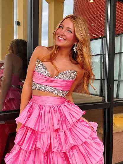 White Two-Piece Tiered Ruffle Prom Dress with Crystal Bodice