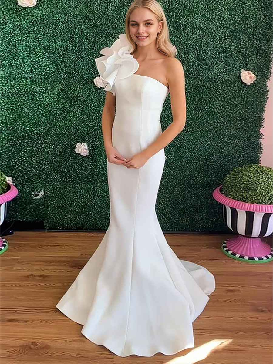 White One-Shoulder Mermaid Prom Dress with Sculptural Ruffle Strap