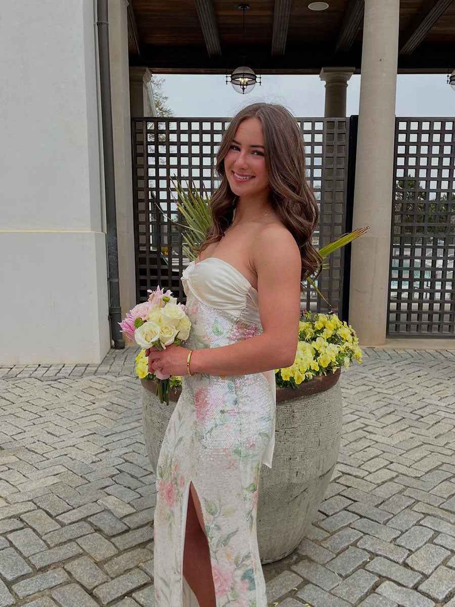 White Pink Floral Print Strapless Sequin Prom Dress with Slit