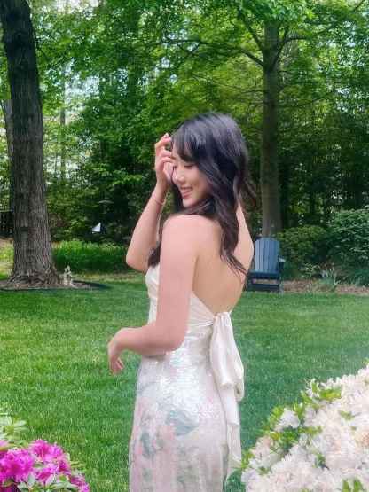 White Pink Floral Print Strapless Sequin Prom Dress with Slit