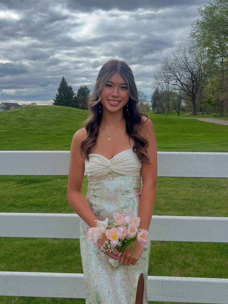 White Pink Floral Print Strapless Sequin Prom Dress with Slit