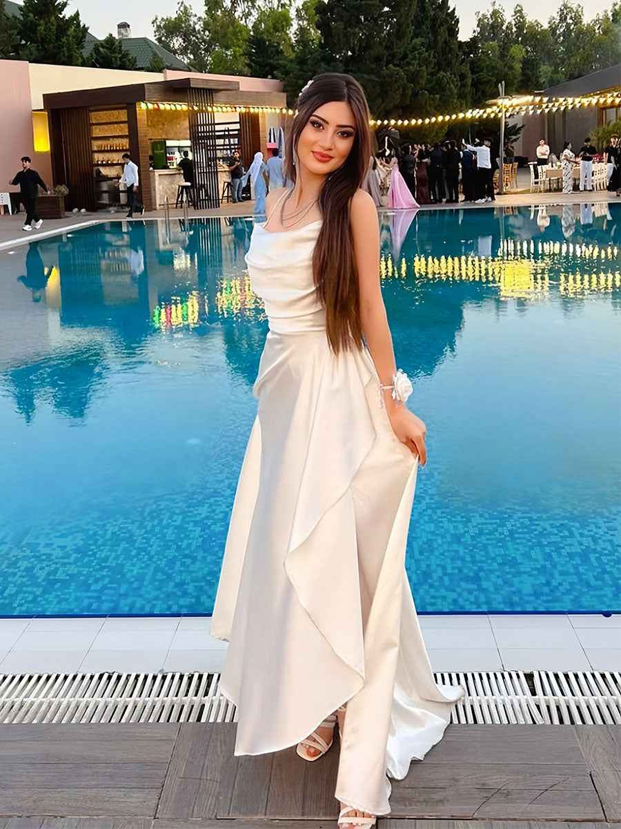White Spaghetti Straps Satin Cowl Neck Prom Dress with Cascading Ruffle Slit