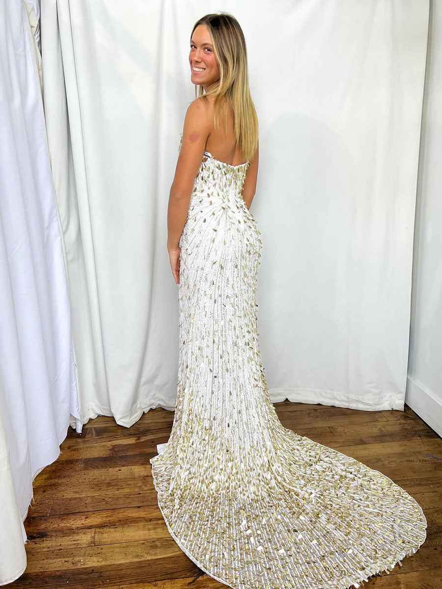 White Strapless Teardrop Sequin Embellishments Prom Dress with High Slit