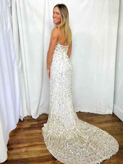 White Strapless Teardrop Sequin Embellishments Prom Dress with High Slit