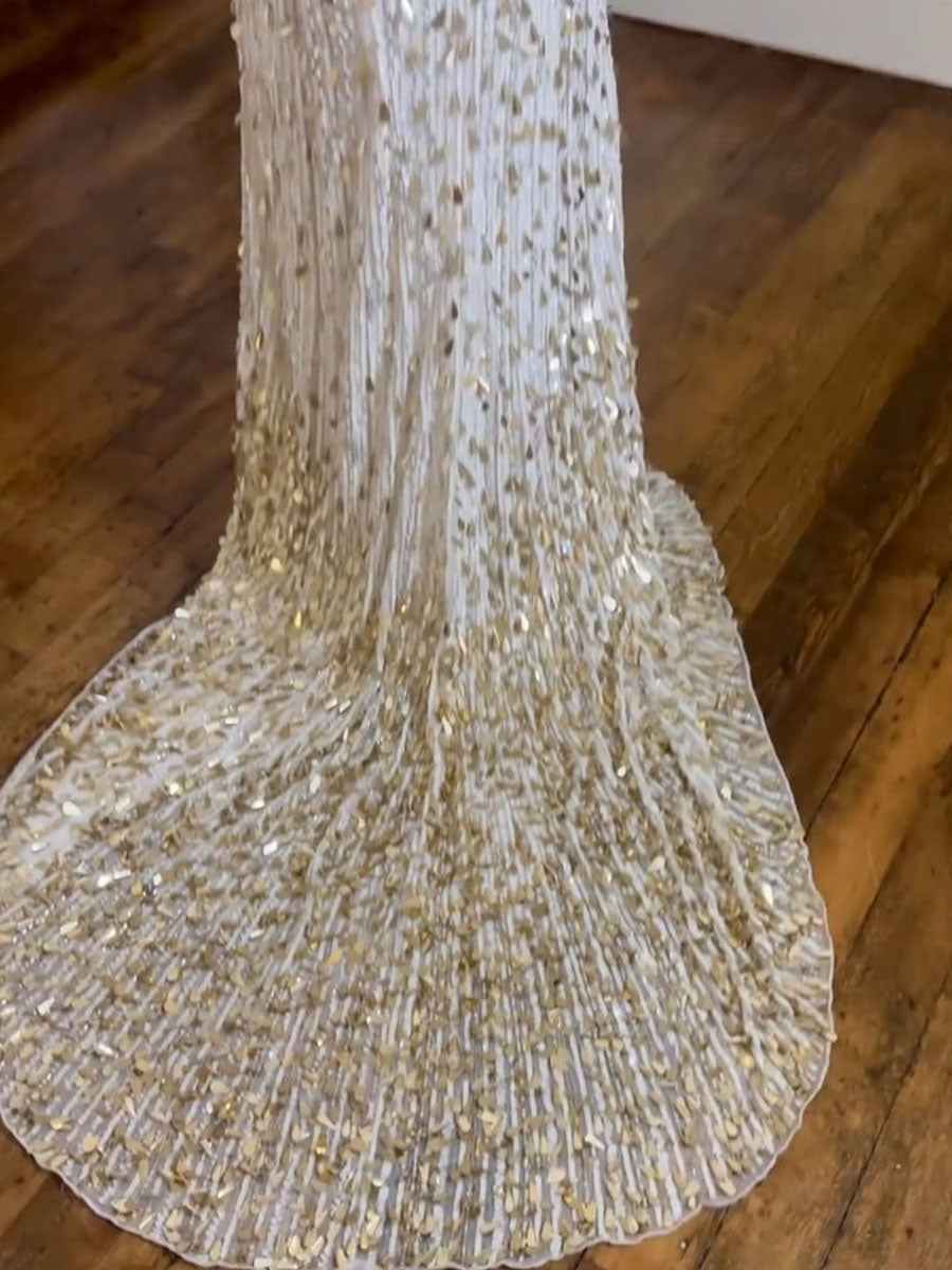 White Strapless Teardrop Sequin Embellishments Prom Dress with High Slit