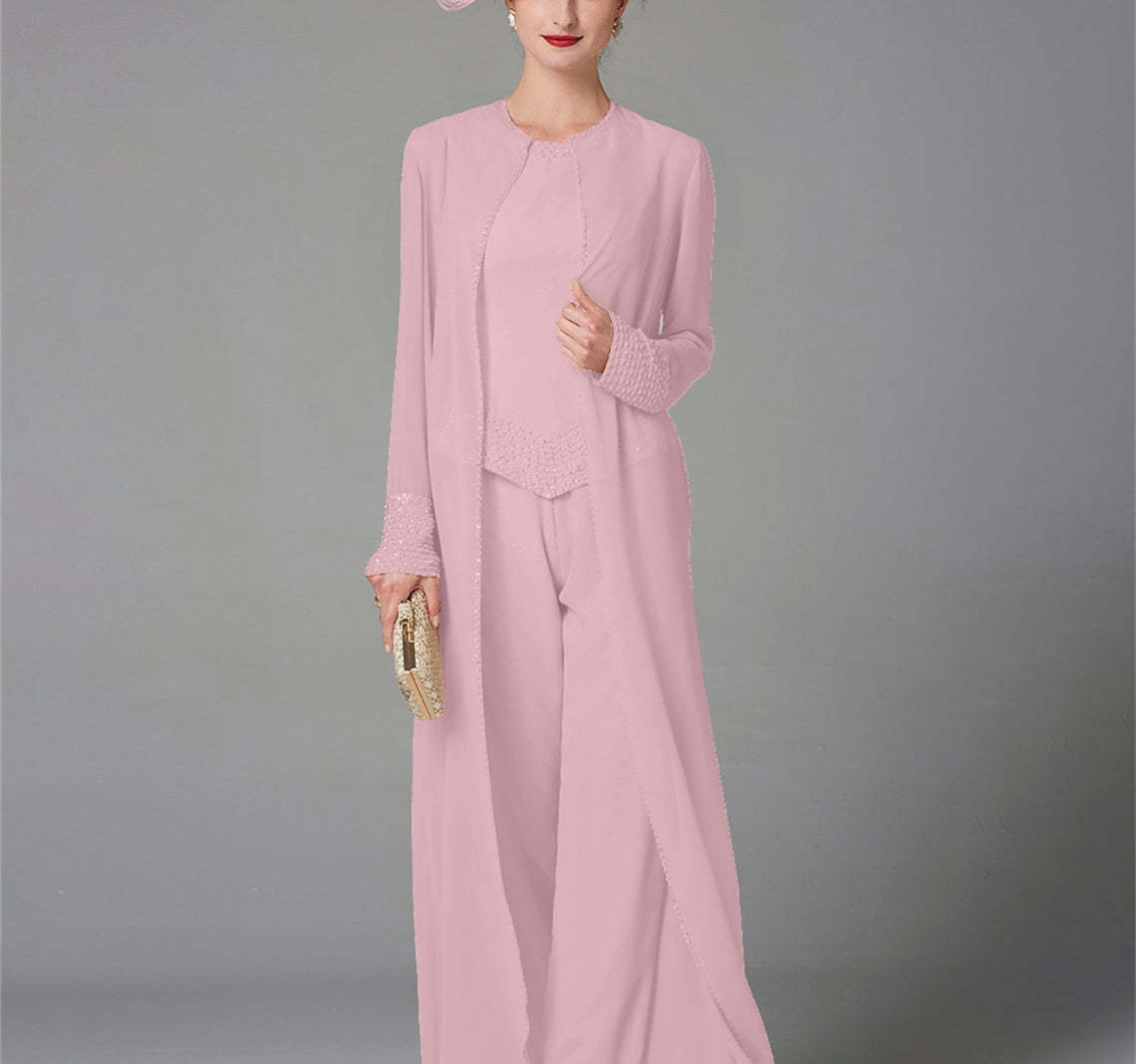 Long-Sleeve Chiffon Pantsuit with Jacket and Sequins for the Mother of the Bride