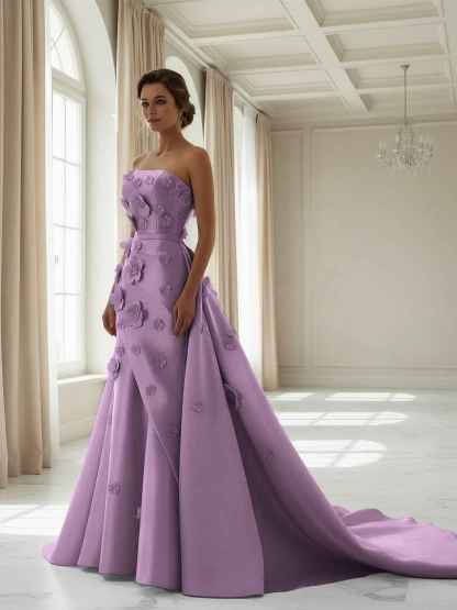 Pink A Line Satin Strapless Prom Dress with 3D Floral Appliques