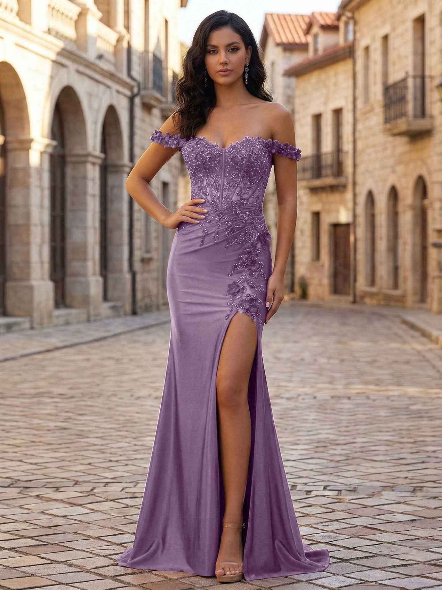 Mermaid Off-The-Shoulder Floral Corset Long Prom Dress with Slit