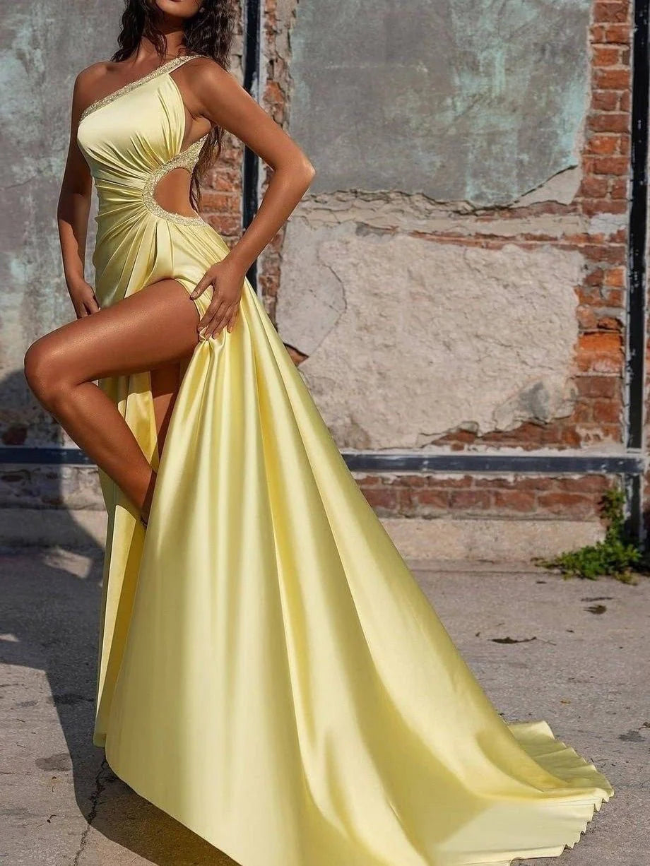 One-Shoulder Long Prom Gown with Sheath/Column Silhouette
