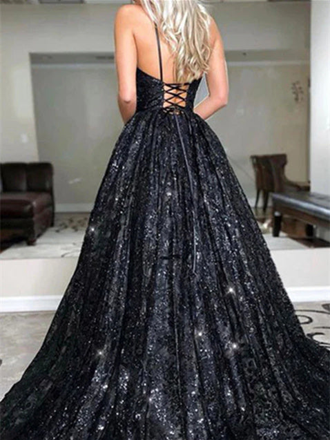 Long Prom Dresses for Women with Glittering Sequins V-neck and Sweep Train in A-Line/Princess Cut