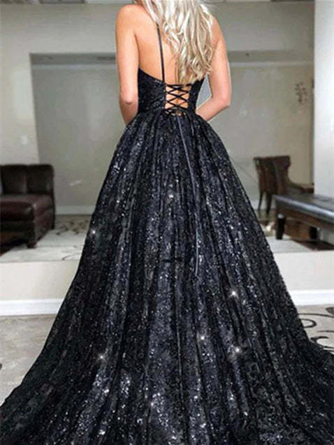 Long Prom Dresses for Women with Glittering Sequins V-neck and Sweep Train in A-Line/Princess Cut