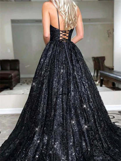 Long Prom Dresses for Women with Glittering Sequins V-neck and Sweep Train in A-Line/Princess Cut