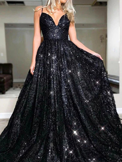 Long Prom Dresses for Women with Glittering Sequins V-neck and Sweep Train in A-Line/Princess Cut