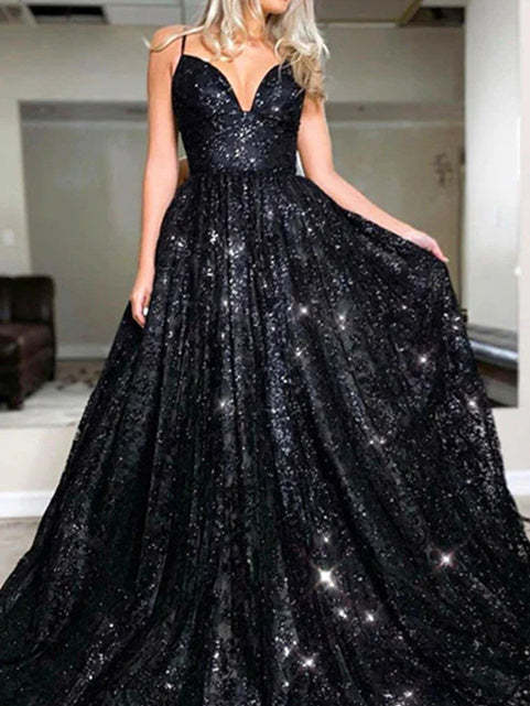 Long Prom Dresses for Women with Glittering Sequins V-neck and Sweep Train in A-Line/Princess Cut