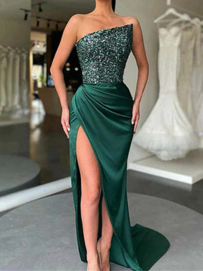 Strapless Long Prom Dress for Women with Sequin Sheath Design and Brush Train