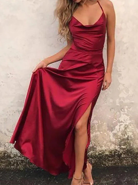 Long Spaghetti-Strap Silk-Like Satin Prom Dress for Women