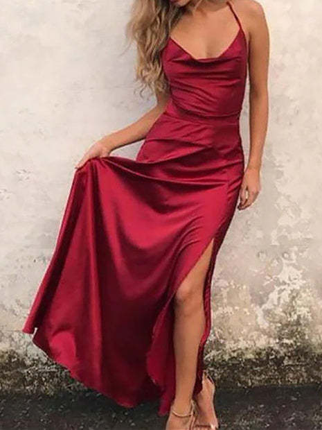 Long Spaghetti-Strap Silk-Like Satin Prom Dress for Women
