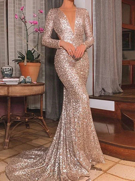 Long Prom Dresses for Women with Sequin Trumpet/Mermaid Silhouette and V-neck