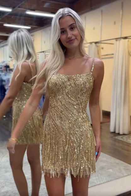 Sparkly Blue Spaghetti Straps Sequins Short Bodycon Homecoming Dress with Tassel