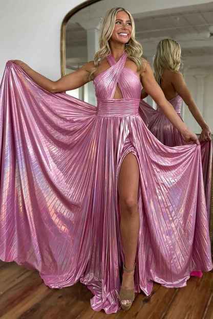 Metallic Blush Halter Neck A-Line Pleated Long Prom Dress with Slit