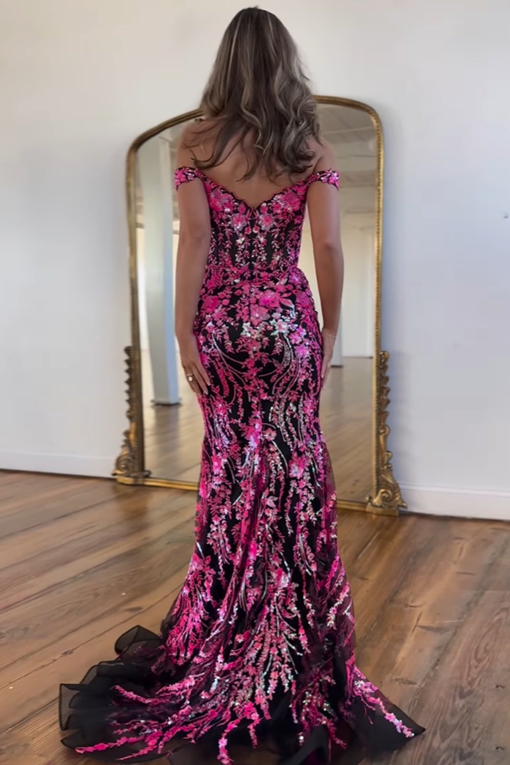 Sparkly Golden Off the Shoulder Mermaid Sequins Long Prom Dress with Slit