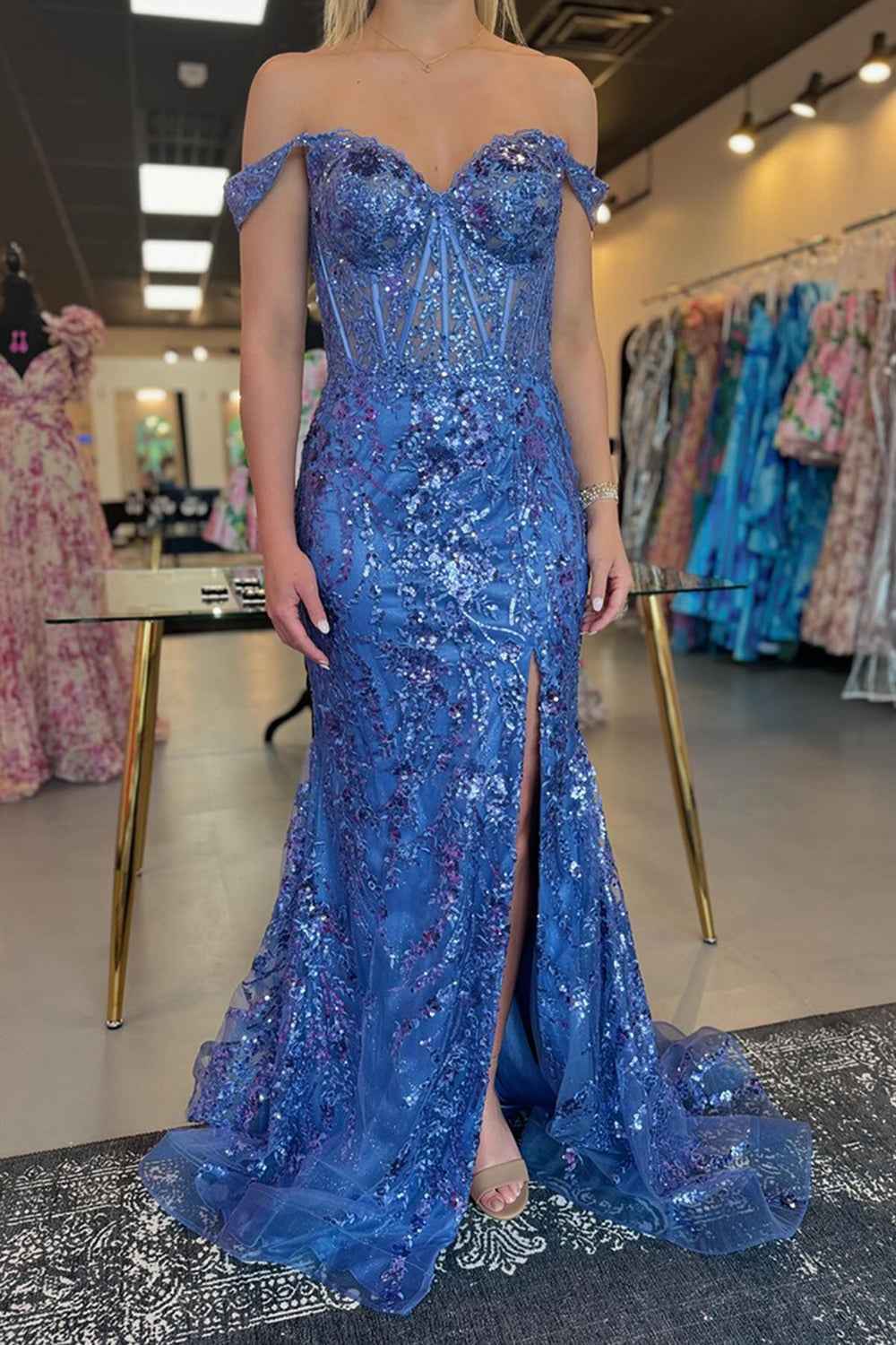 Sparkly Golden Off the Shoulder Mermaid Sequins Long Prom Dress with Slit