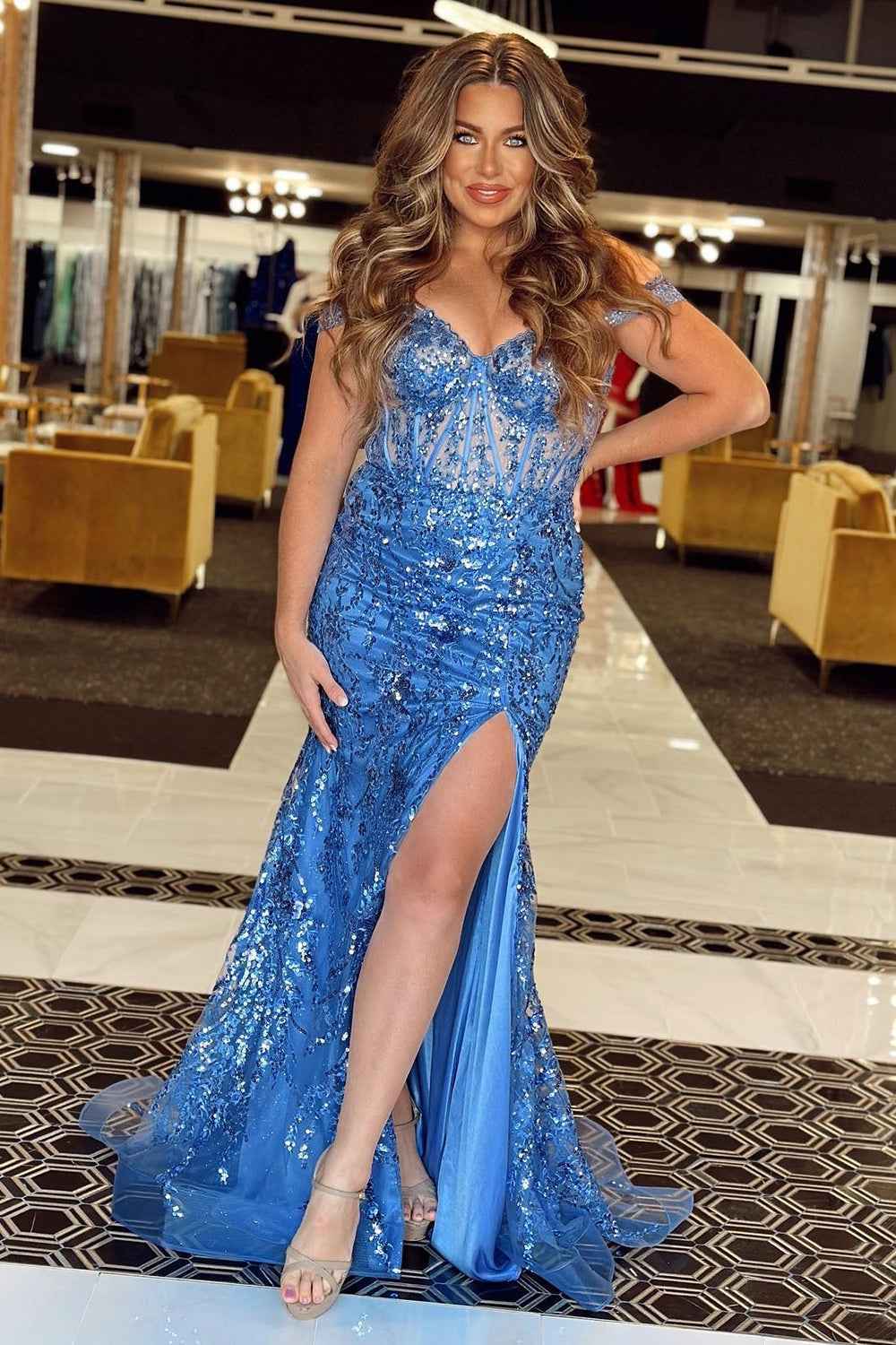 Sparkly Golden Off the Shoulder Mermaid Sequins Long Prom Dress with Slit